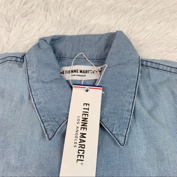 Etienne Marcel New Short Sleeve chambray Button-Up Top Embroidered US Navy blue - Picture 4 of 10